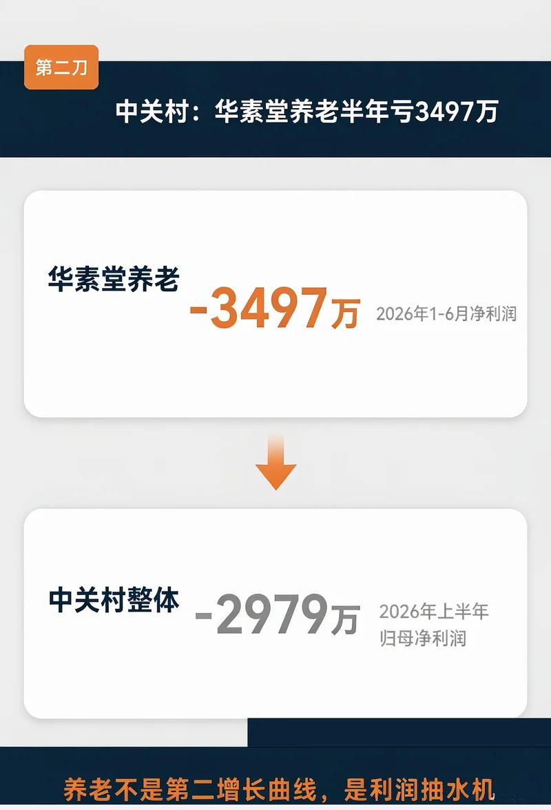 中关村华素堂养老2026年1-6月净利润-3497万与母公司整体归母净利润-2979万对比