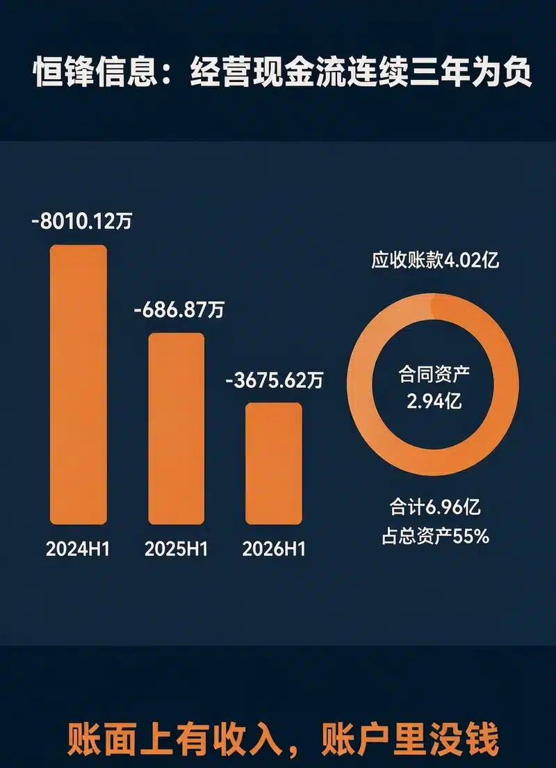 恒锋信息养老业务2024至2026上半年经营现金流为负应收款项占比约55%