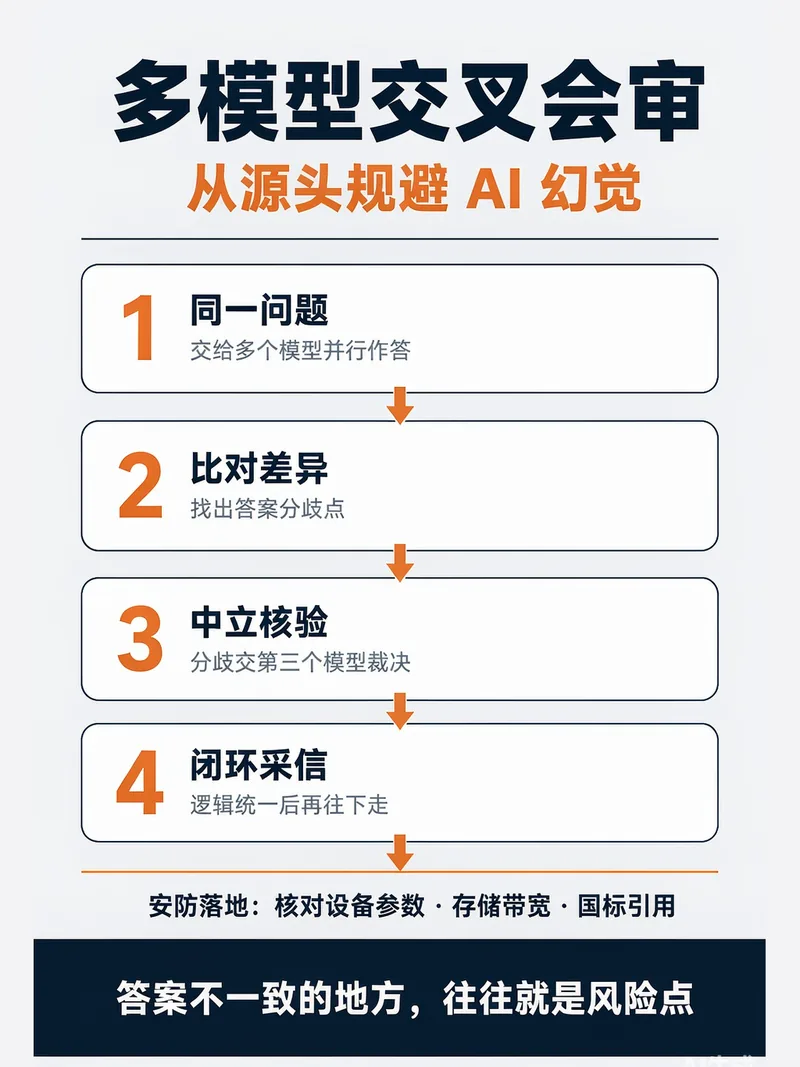 AI 人机协作:多模型交叉验证四步流程示意