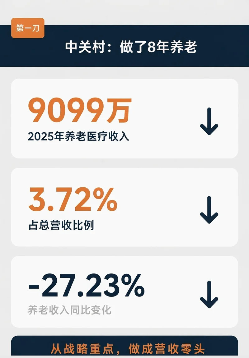 中关村8年养老业务收入9099万、占比3.72%、同比下降27.23%