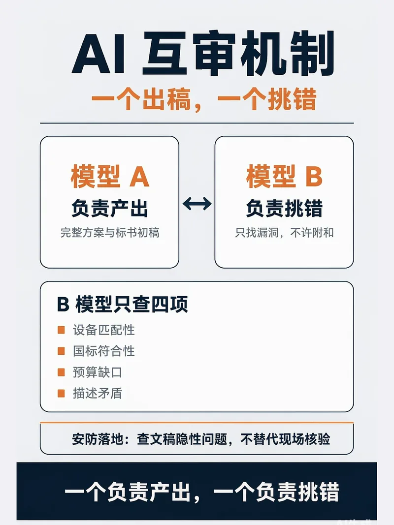 AI 人机协作:AI 互审机制与四项审查清单示意