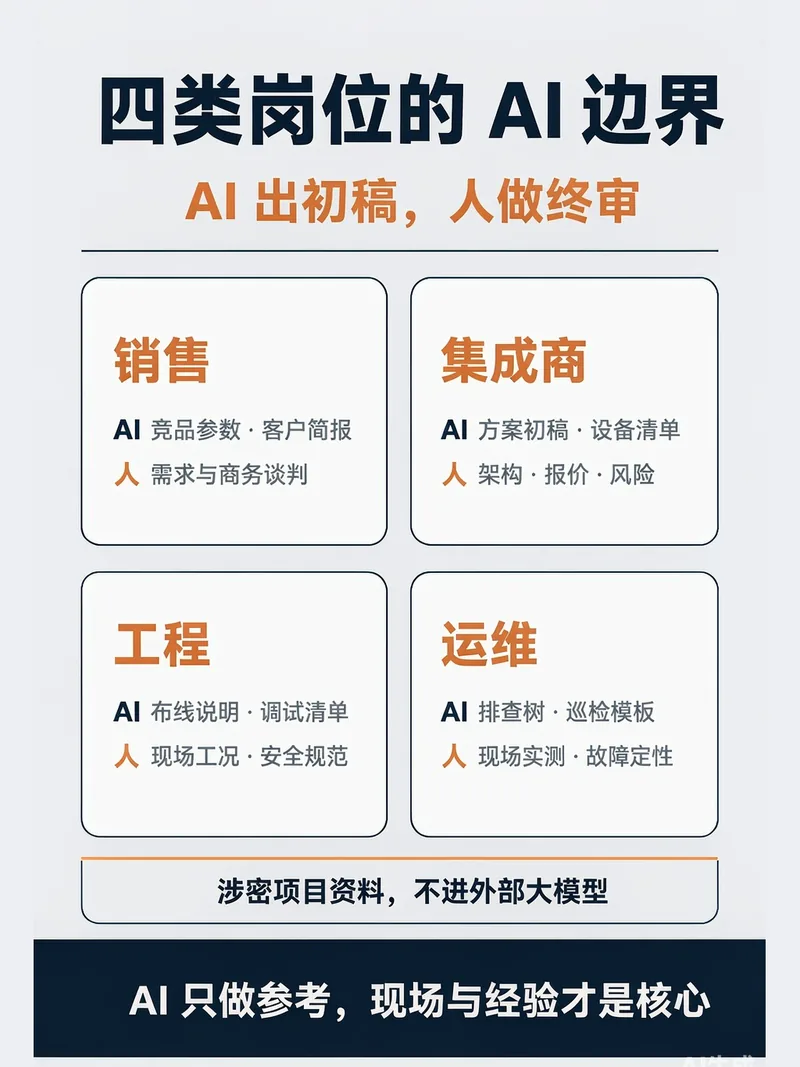 AI 人机协作:安防四类岗位 AI 使用边界示意